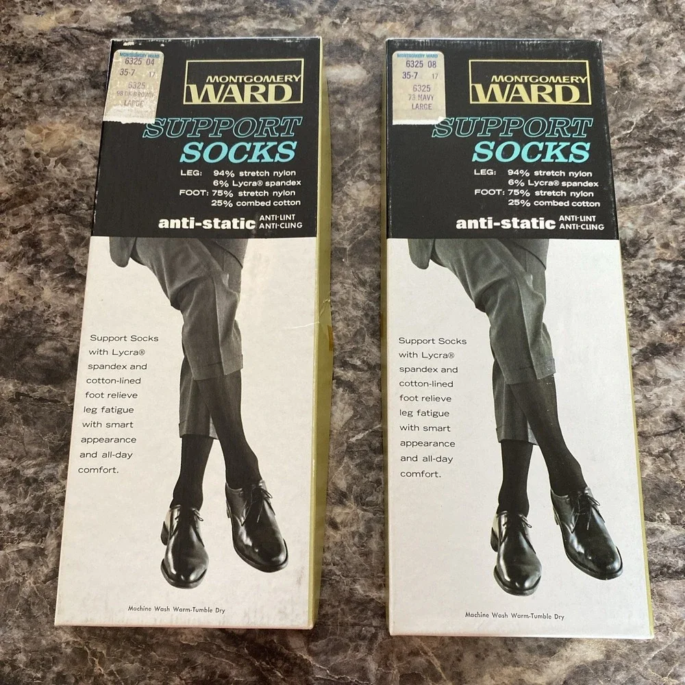 2 Vintage Montgomery Ward Support Socks Anti‎ Static Size Large New Rare